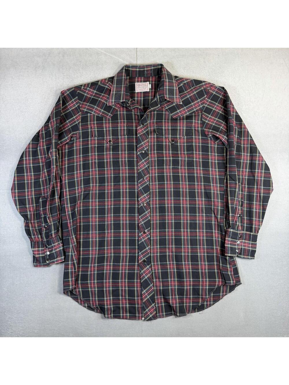Vintage H Bar C Western Shirt Mens 16.5-34 Black Red Plaid Pearl Snap USA Made